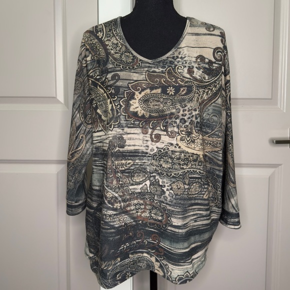 Chico’s Beaded Dolman Sleeve Sweater Top Sz 1 M 8 Tan Brown Green - Picture 2 of 9